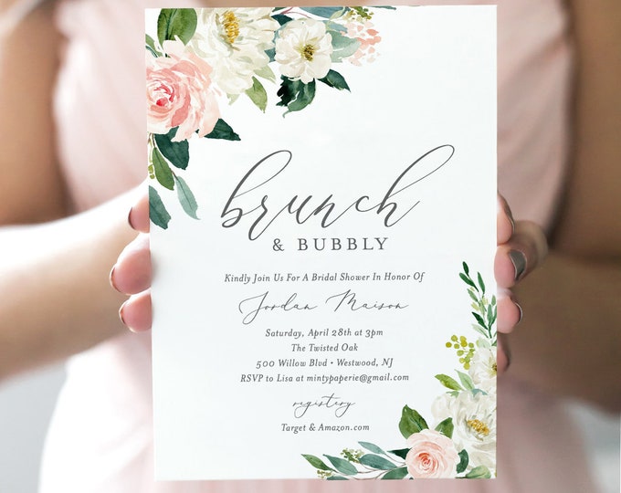 Brunch and Bubbly Bridal Shower Invitation Template, INSTANT DOWNLOAD, Printable Wedding Shower Invite, 100% Editable Text, Blush #043-134BS