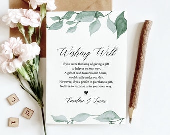 Wishing Well Template, INSTANT DOWNLOAD, Bridal Shower, Wedding Fund, 100% Editable Text, Boho Greenery, In Lieu of Gifts, DIY #019-117EC