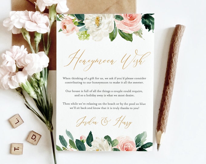 Honeymoon Wish Printable, INSTANT DOWNLOAD, Self-Editing Template, 100% Editable, Honeymoon Fund Card, Blush Florals & Greenery #043-114EC