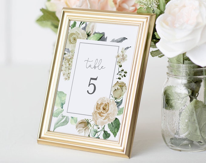 Wedding Table Number Template, Printable Cream Rose Boho Table Card, INSTANT DOWNLOAD, 100% Editable Text, Templett, 4x6 & 5x7  #057-128TC