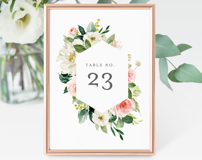 Printable Table Number Card, Wedding Table Number, INSTANT DOWNLOAD, 100% Editable Template, Blush Florals, Greenery, Boho  #043-121TC