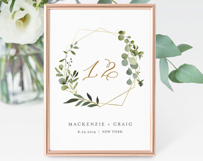 Greenery Table Number Card, Wedding Table Number, INSTANT DOWNLOAD, 100% Editable Template, Gold Frame, Wreath, Wedding Decor  #056-129TC