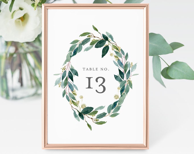 Winter Table Number Card Template, Printable Greenery Wreath Wedding Table Number, Instant Download, Editable, Wedding Decor  #044-122TC