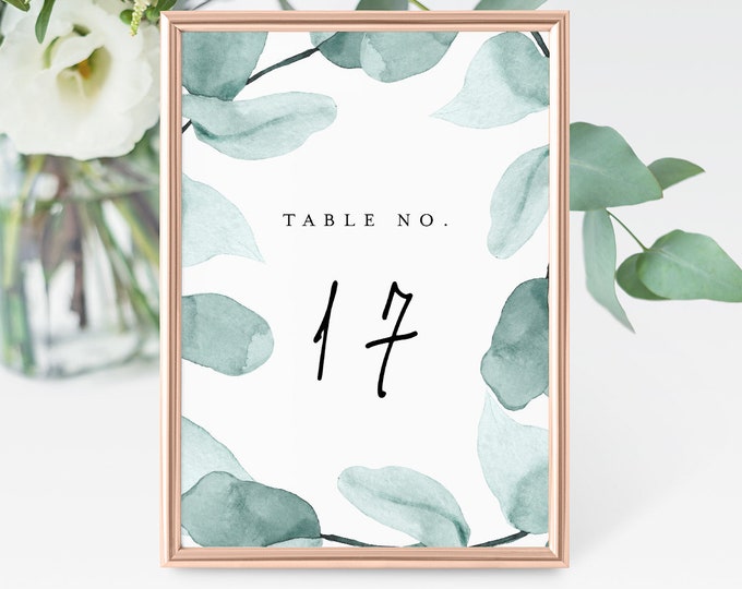 Greenery Table Number Template, Printable Wedding Table Card, INSTANT DOWNLOAD, 100% Editable, Templett, Eucalyptus, 4x6 & 5x7 #049-127TC