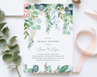 Bridal Shower Invitation Template, Printable Mint Wedding Shower Invite, Lush Garden, 100% Editable Text, Instant Download, DIY #068A-186BS