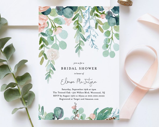 Bridal Shower Invitation Template, Printable Mint Wedding Shower Invite, Lush Garden, 100% Editable Text, Instant Download, DIY #068A-186BS