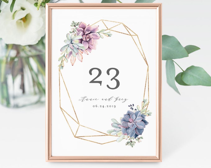 Succulent Table Number Template, Printable Wedding Table Card, INSTANT DOWNLOAD, 100% Editable, Boho, Cactus, Gold, Templett  #041-125TC
