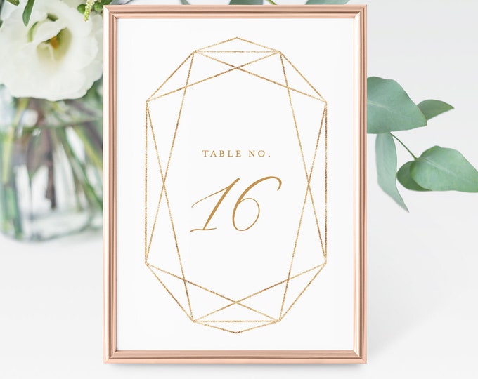 Wedding Table Number Template, Printable Faux Gold Geometric Table Card, INSTANT DOWNLOAD, 100% Editable, Templett, 4x6 & 5x7  #055-125TC