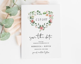 Printable Save the Date, Instant Download, 100% Editable Text, Wedding Date Template, Heart Wreath, Templett, DIY, 4x6 & 5x7 #058-133SD