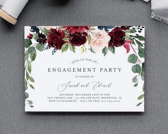 Boho Engagement Party Invitation Template, Engaged Announcement Printable, INSTANT DOWNLOAD, 100% Editable Text, Merlot Floral #062-122EP