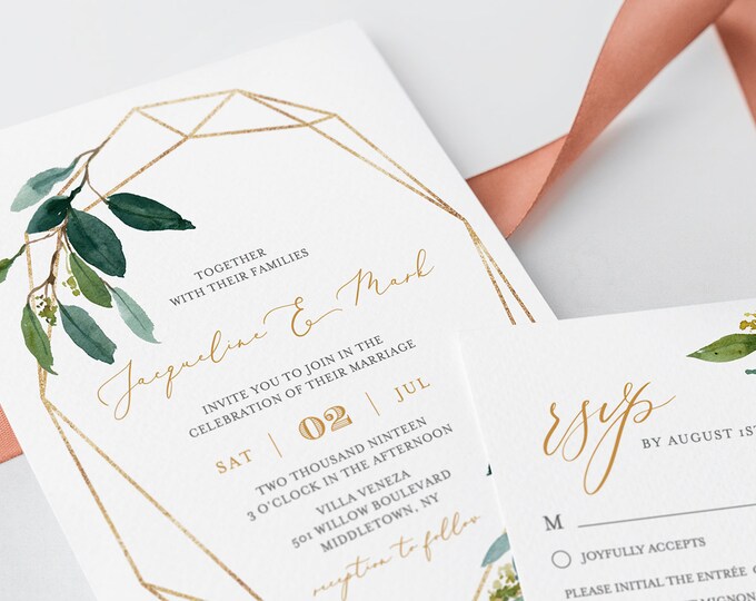 Greenery Wedding Invitation Set, 100% Editable, INSTANT DOWNLOAD, Printable, Self-Editing Template, Boho Foliage & Gold, Templett DIY #044A