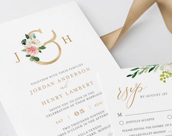 Boho Wedding Invitation Suite, Wedding Monogram, Blush Florals, Greenery and Gold, INSTANT DOWNLOAD, Editable Text, Templett, DIY #043C