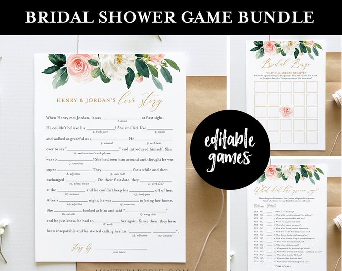 Bridal Shower Game Bundle, Editable Games, Instant Download, Customize Name & Questions, Printable Wedding Shower Game Template, DIY #043BGB