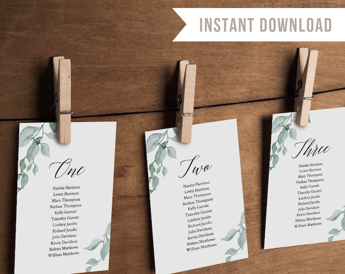 Wedding Seating Chart Template, Hanging Seating Cards, Seating Plan, Watercolor Greenery, Instant Download, Editable, Templett #019-107SP