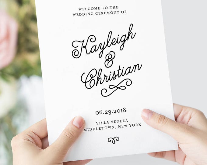 Wedding Program Template, Printable Order of Service, Romantic Calligraphy, INSTANT DOWNLOAD, 100% Editable, Booklet / Folded #035-108WP