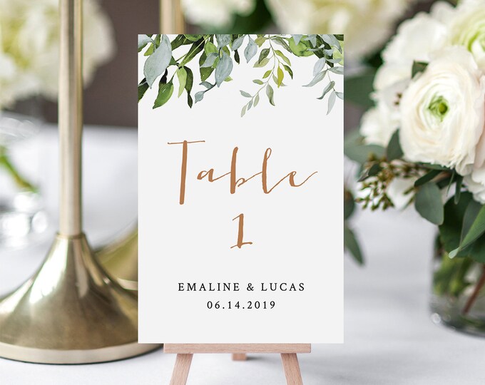 Greenery Wedding Table Number Card, Printable Table Card, Flat & Folded, INSTANT DOWNLOAD, Editable Template, Boho Wedding  #016-118TC