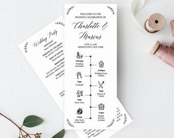 Wedding Timeline Program Template, Order of Events, Ceremony Program, 100% Editable, Printable, Instant Download, Templett, DIY #034-204WP