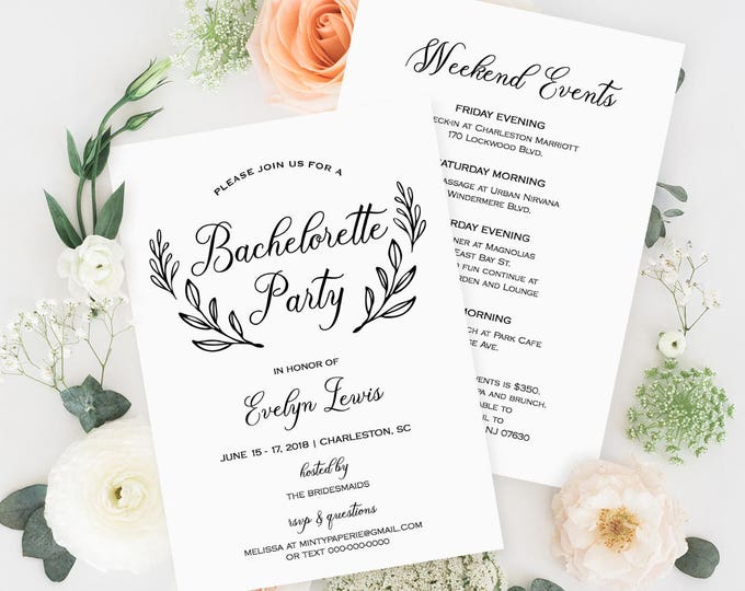 Bachelorette Party Invitation Template, Printable Bachelorette Itinerary / Agenda, Instant Download, Fully Editable, Digital #027-102BP