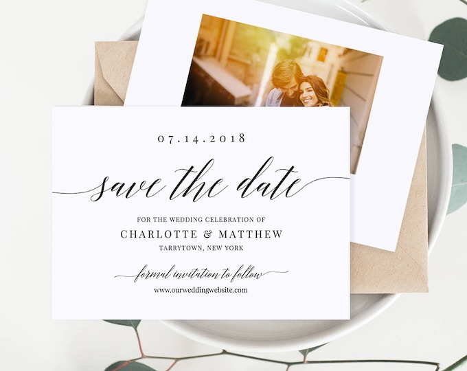 Save the Date Template, Calligraphy Wedding Date Card, 100% Editable, Add Your Image, Printable, INSTANT DOWNLOAD, 4x6 & 5x7 #034-202SD