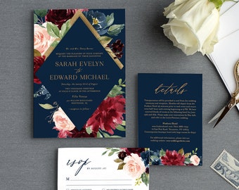 Merlot / Navy Wedding Invitation Suite, Editable Template, Burgundy, Blush Boho Floral & Gold, Invite / RSVP / Detail, INSTANT DOWNLOAD 062B