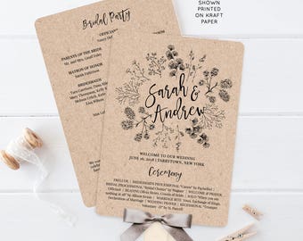 Wedding Program Fan, Printable Order of Service, Rustic Wreath, Kraft Paper, Editable Template, Instant Download, DIY, Templett #018-403WP