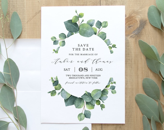 Eucalyptus Save the Date Template, INSTANT DOWNLOAD, 100% Editable, Printable Wedding Date Announcement, Greenery, Templett #036-113SD