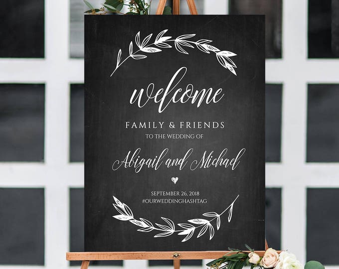 Wedding Welcome Sign Template, Chalkboard Wedding Poster Printable, Rustic Laurels, 100% Editable, Instant Download 18x24, 24x36  #023-101LS