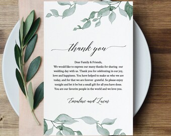 Greenery Wedding Thank You Card, Printable In Lieu of Favor Card, INSTANT DOWNLOAD, Editable, Napkin Thank You Note Template #019-106TYN