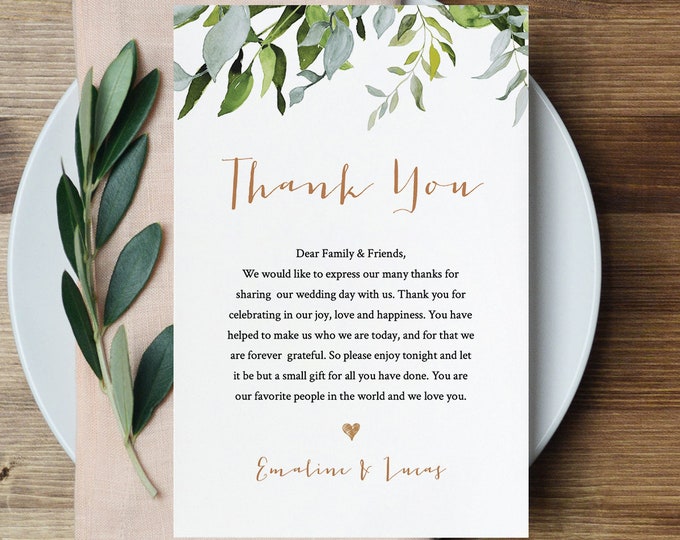 Thank You Letter Template, Wedding Reception Thank You Note, Instant Download, Printable In Lieu of Favor Card, Fully Editable #016-103TYN