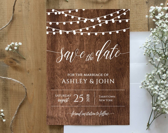 Rustic Save the Date Template, Instant Download, Wood String Lights Wedding Save the Date Printable, Fully Editable, Digital, DIY #014-101SD