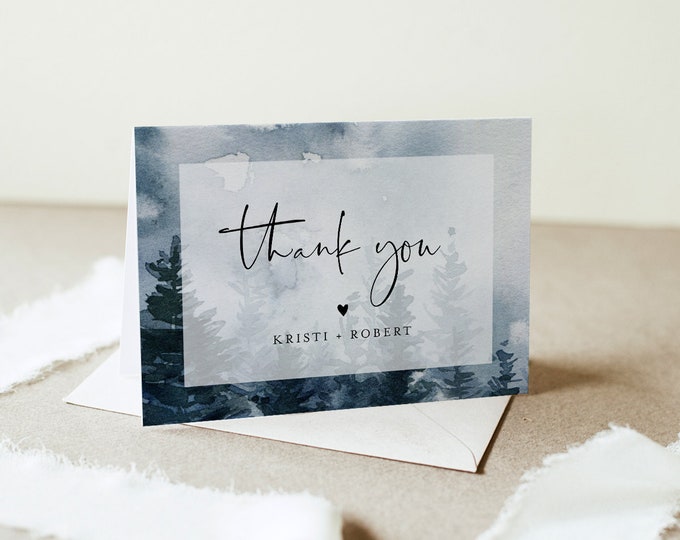 Winter Thank You Card Template, Pine Tree Wedding Thank You, Bridal Shower Thank You Folded Card, Holiday Note Card, Instant #070-143TYC