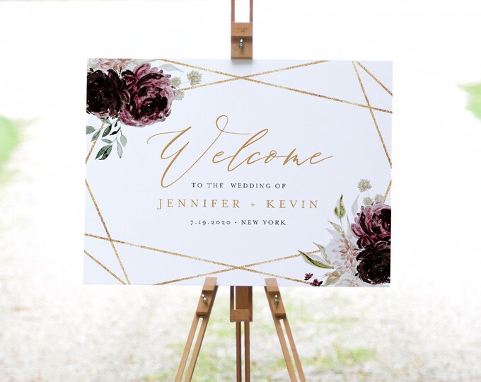 Welcome Sign Template, Moody Purple Floral Wedding or Bridal Shower Welcome Sign Poster, Instant Download, Editable, Templett #074-177LS