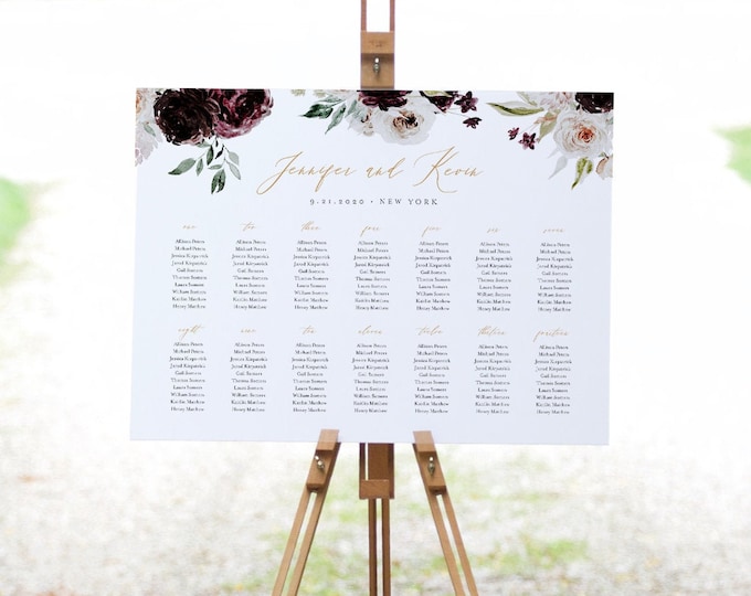 Seating Chart Template, Moody Florals, Printable Wedding Seating Sign, Instant Download, Editable, DIY, US & UK Poster Sizes #074-243SC