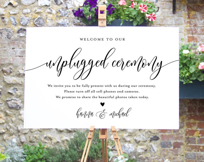 Unplugged Ceremony Wedding Sign, Printable Welcome Sign, No Phone Camera, Editable Template, INSTANT DOWNLOAD Templett 8x10 & 18x24 #008-02S