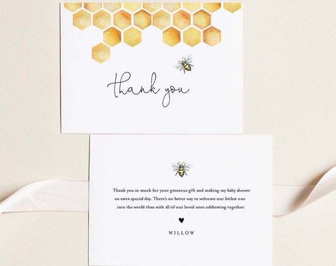 Bee Thank You Card, Honey Bee Baby Shower Thank You, Editable Template, Flat and Folded Note Card, Instant Download, Templett #097-156TYC