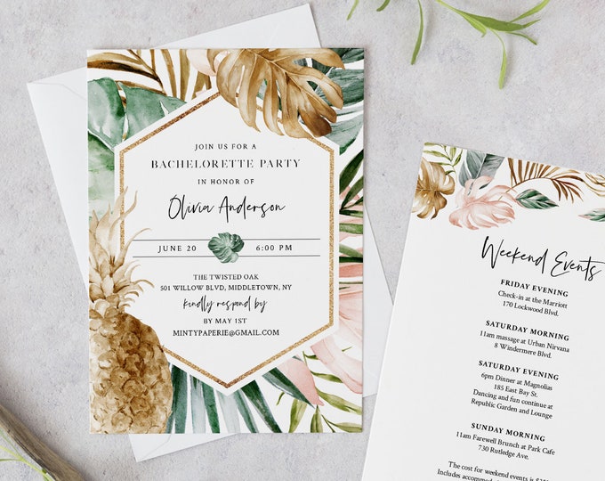 Tropical Bachelorette Party Invitation Template, Editable Pineapple Bachelorette Weekend Itinerary & Agenda, INSTANT DOWNLOAD #087-131BP