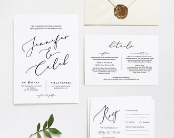 Wedding Invitation Template, INSTANT DOWNLOAD, 100% Editable, Minimalist Invite, RSVP & Detail, Printable Modern Calligraphy, Templett #045C