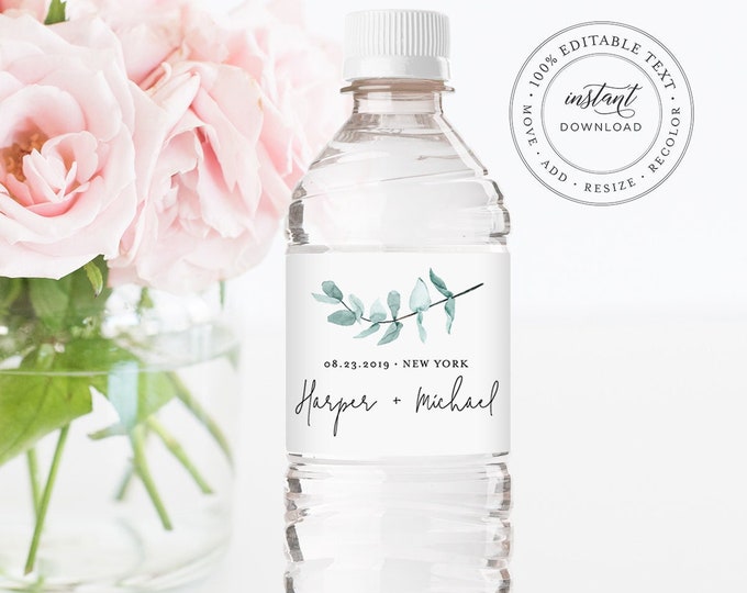 Water Bottle Label Template, INSTANT DOWNLOAD, Printable Custom Label, 100% Editable, Greenery Wedding Favor, Bridal Shower Favor #049-109BL