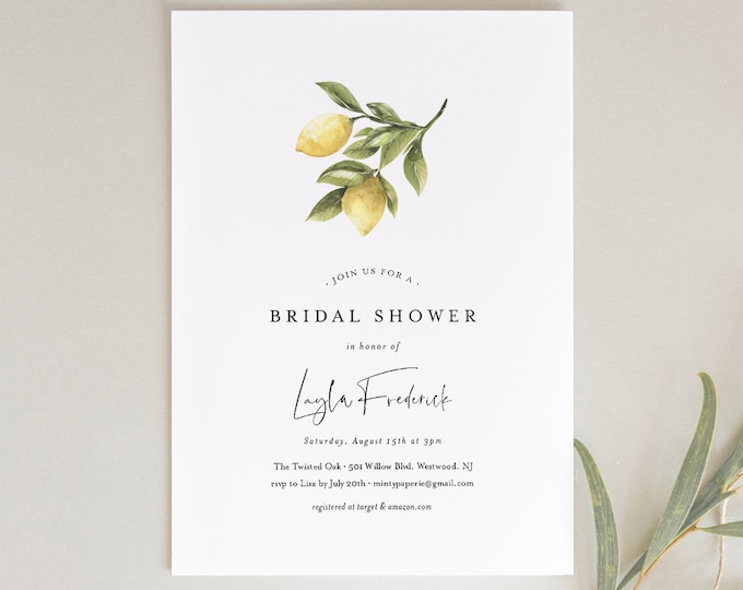 Lemon Bridal Shower Invitation, Couples Shower Invite, Citrus Summer Wedding Shower, INSTANT DOWNLOAD, Editable Text, Printable #089-169BS