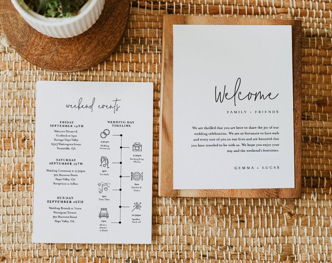 Minimalist Welcome Letter & Timeline Template, Simple Wedding Order of Events, Itinerary, INSTANT DOWNLOAD, 100% Editable Text #095A-157WB