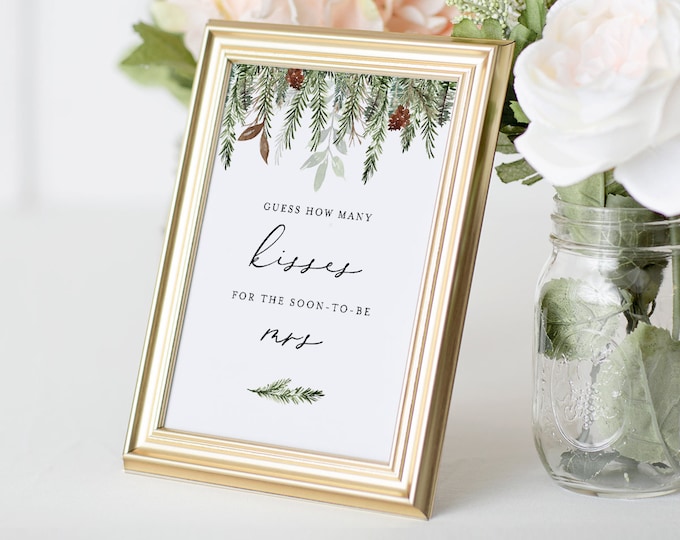 How Many Kisses Bridal Shower Game, Hershey Kisses Game, Winter Pine Bridal Shower Printable, Sign & Ticket, Instant Download #0017-347BG