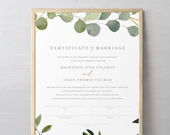 Marriage Certificate, Greenery & Gold Wedding Certificate, Wedding Keepsake, Editable, Instant Download, Templett 8x10, 16x20 #056-107MC
