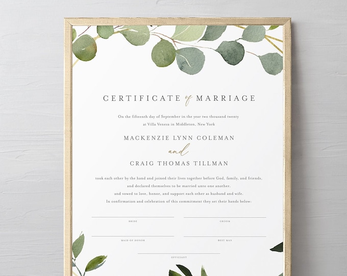 Marriage Certificate, Greenery & Gold Wedding Certificate, Wedding Keepsake, Editable, Instant Download, Templett 8x10, 16x20 #056-107MC