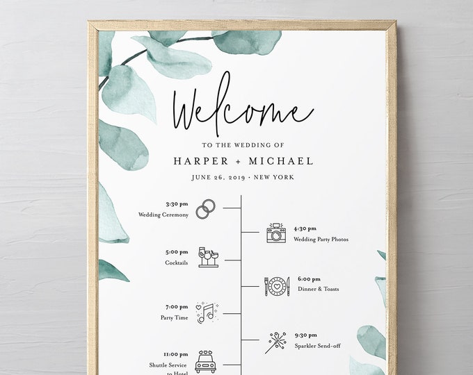 Welcome Sign and Timeline with Wedding Day Icons, Eucalyptus Bridal Sign, Instant Download, Editable Template, Templett, DIY #049-187LS