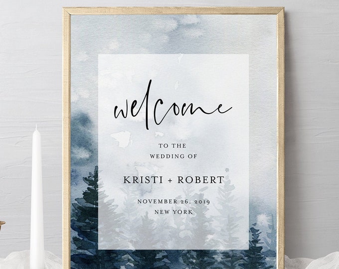 Pine Welcome Sign Template, Winter Rustic Mountain, Editable Wedding or Bridal Shower Welcome, Instant Download, Templett, DIY #070-173LS