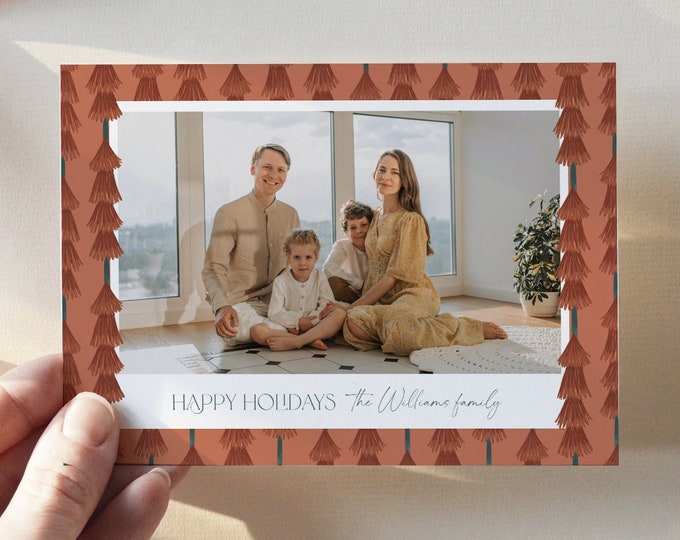 Bohemian Holiday Card Template, Modern Boho Photo Christmas Card, Editable, Add Your Own Photo, Instant Download, Templett, 5x7 #137HP