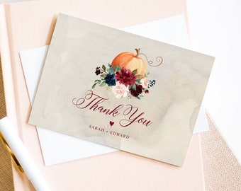 Pumpkin Thank You Note Template, Editable Fall Wedding / Bridal Shower Folded Card, Friendsgiving, INSTANT DOWNLOAD, Templett #072A-137TYC