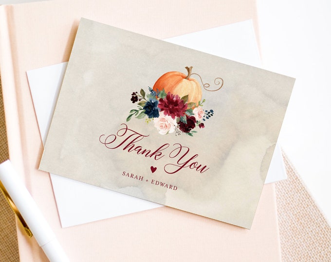 Pumpkin Thank You Note Template, Editable Fall Wedding / Bridal Shower Folded Card, Friendsgiving, INSTANT DOWNLOAD, Templett #072A-137TYC