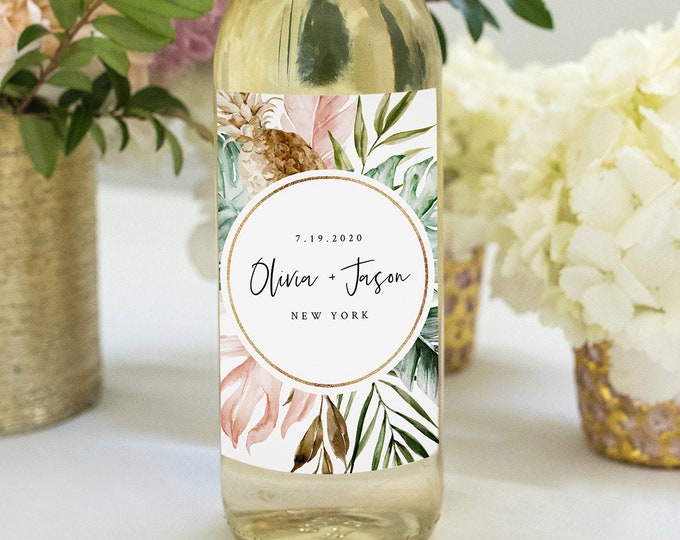 Tropical Wine Bottle Label Template, Printable Wedding or Bridal Shower Wine Favor, Editable Text, INSTANT DOWNLOAD, Templett #087-113WL