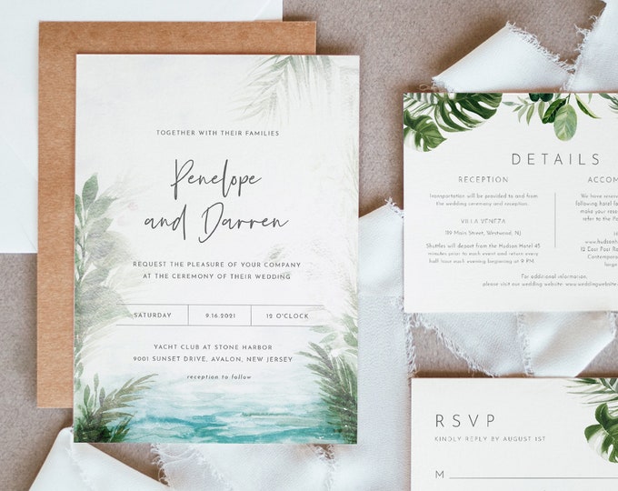 Tropical Wedding Invitation Suite, Destination Beach Wedding Invite, RSVP and Details, Editable Template, INSTANT DOWNLOAD, Templett #099A